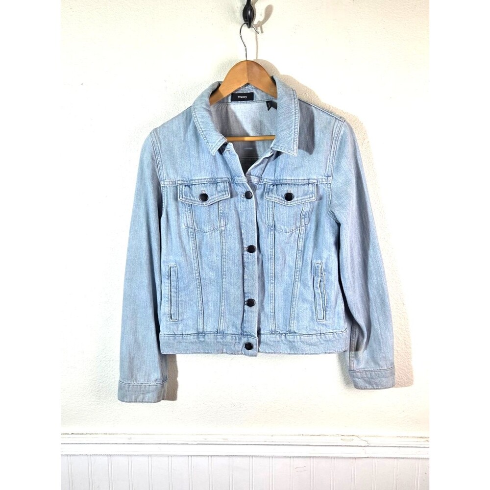 Theory Light Wash Denim Jacket Women’s Large Button Front Cropped Minimalist